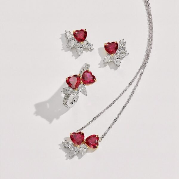 Simulated Red Tourmaline Heart-Shaped Open Ring  Necklace Earring set